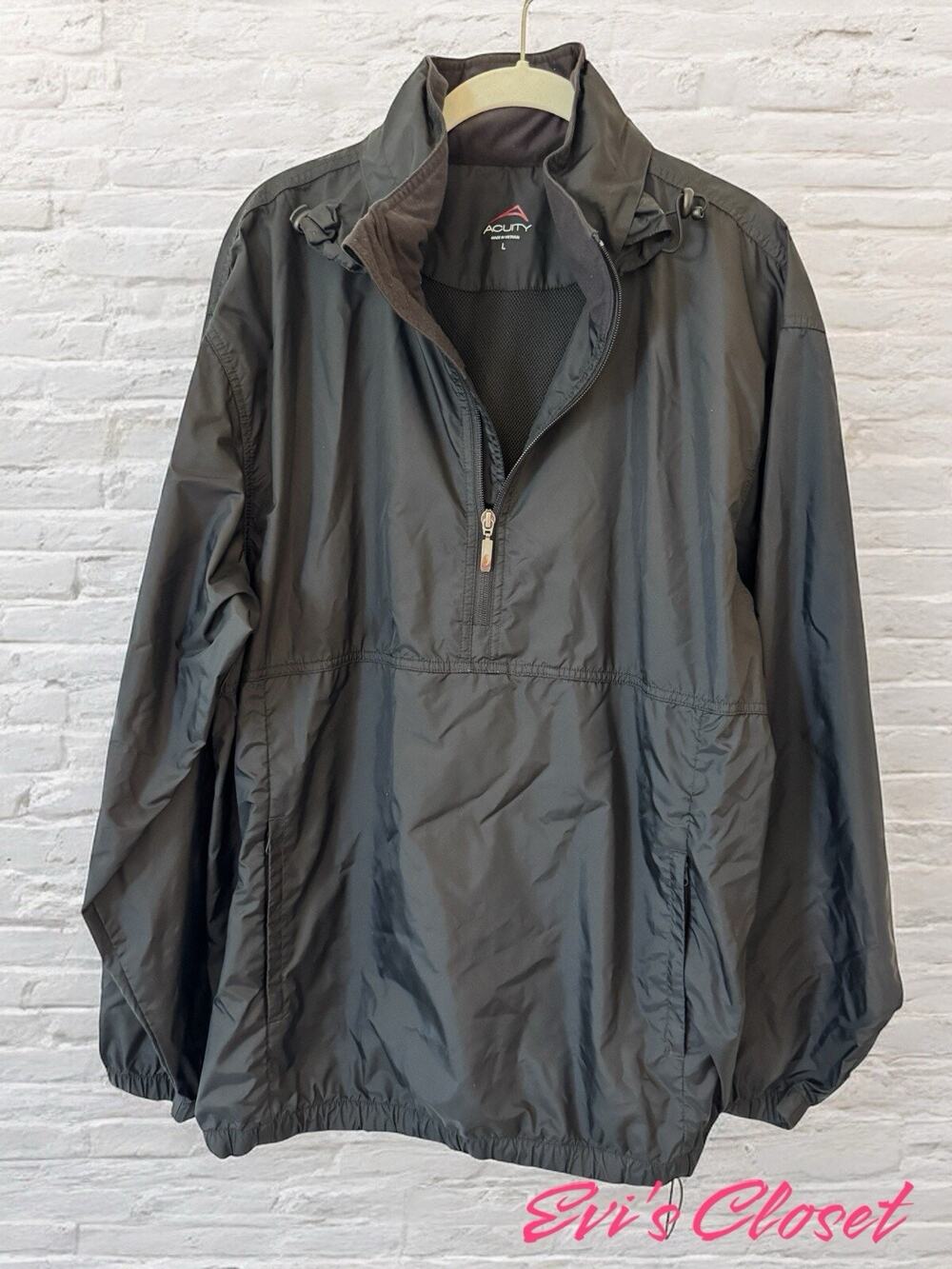 Acuity Mens Black Pullover Windbreaker Golf Rain Jacket 1/4 zip Hidden Hood Sz M